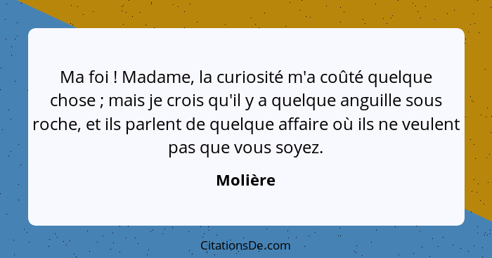 Ma foi ! Madame, la curiosité m'a coûté quelque chose ; mais je crois qu'il y a quelque anguille sous roche, et ils parlent de que... - Molière