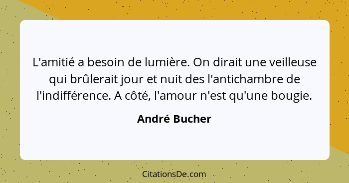 L'amitié a besoin de lumière. On dirait une veilleuse qui brûlerait jour et nuit des l'antichambre de l'indifférence. A côté, l'amour n... - André Bucher