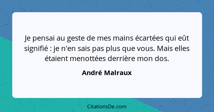 Je pensai au geste de mes mains écartées qui eût signifié : je n'en sais pas plus que vous. Mais elles étaient menottées derrière... - André Malraux