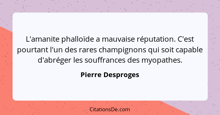 L'amanite phalloïde a mauvaise réputation. C'est pourtant l'un des rares champignons qui soit capable d'abréger les souffrances des... - Pierre Desproges