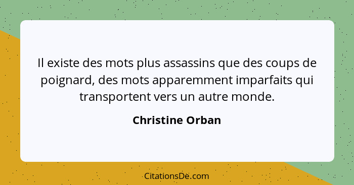 Il existe des mots plus assassins que des coups de poignard, des mots apparemment imparfaits qui transportent vers un autre monde.... - Christine Orban