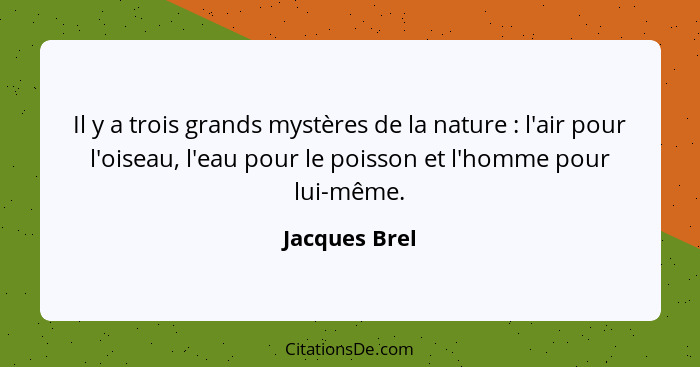 Il y a trois grands mystères de la nature : l'air pour l'oiseau, l'eau pour le poisson et l'homme pour lui-même.... - Jacques Brel