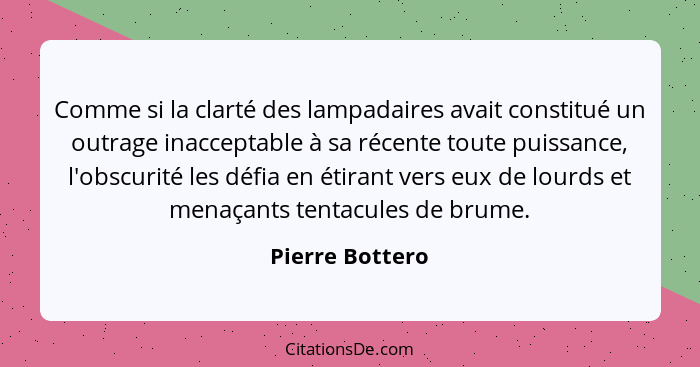 Comme si la clarté des lampadaires avait constitué un outrage inacceptable à sa récente toute puissance, l'obscurité les défia en éti... - Pierre Bottero