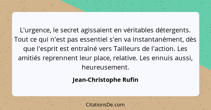 L'urgence, le secret agissaient en véritables détergents. Tout ce qui n'est pas essentiel s'en va instantanément, dès que l'es... - Jean-Christophe Rufin