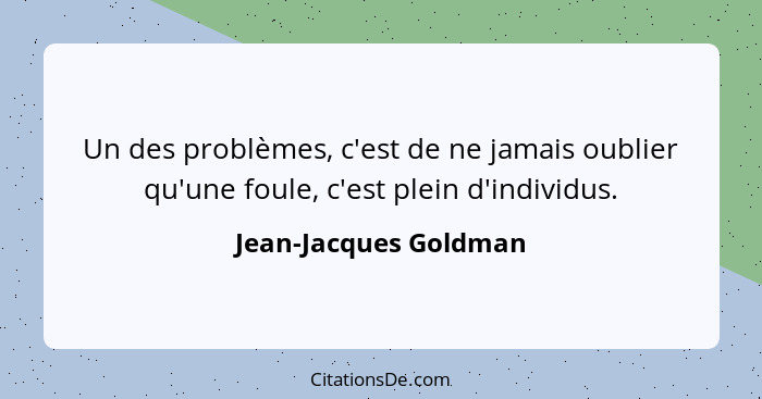 Un des problèmes, c'est de ne jamais oublier qu'une foule, c'est plein d'individus.... - Jean-Jacques Goldman