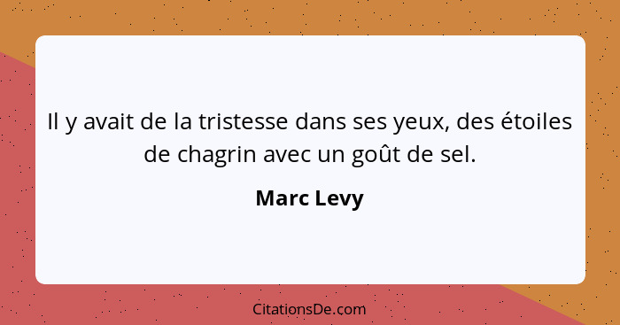 Il y avait de la tristesse dans ses yeux, des étoiles de chagrin avec un goût de sel.... - Marc Levy