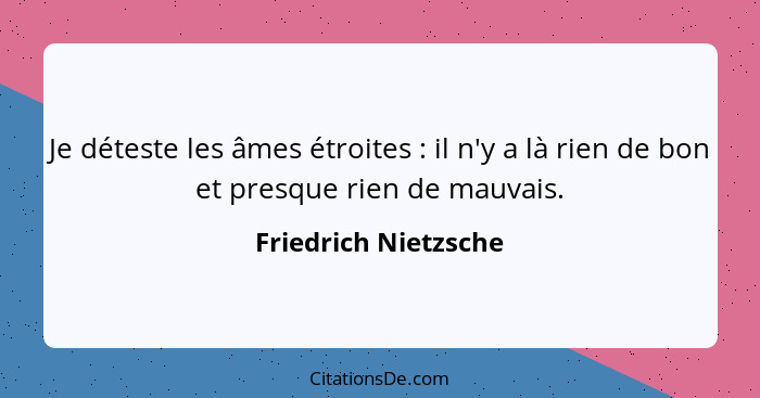 Je déteste les âmes étroites : il n'y a là rien de bon et presque rien de mauvais.... - Friedrich Nietzsche