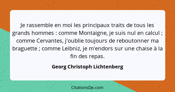 Je rassemble en moi les principaux traits de tous les grands hommes : comme Montaigne, je suis nul en calcul ;... - Georg Christoph Lichtenberg