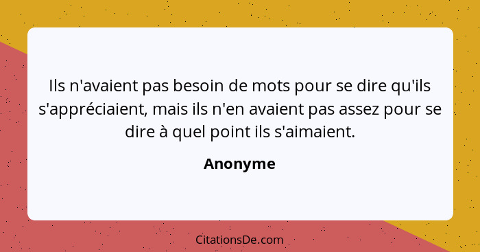 Ils n'avaient pas besoin de mots pour se dire qu'ils s'appréciaient, mais ils n'en avaient pas assez pour se dire à quel point ils s'aimaien... - Anonyme