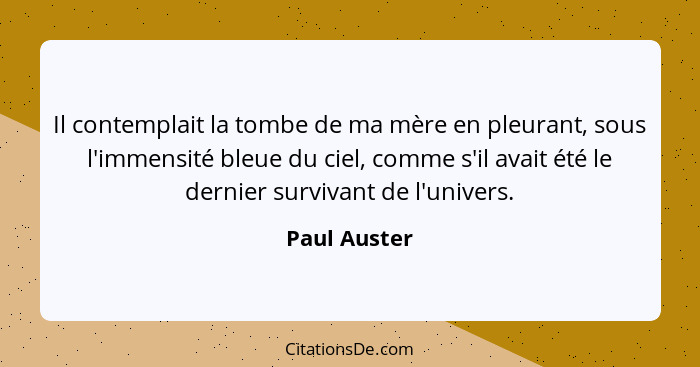 Il contemplait la tombe de ma mère en pleurant, sous l'immensité bleue du ciel, comme s'il avait été le dernier survivant de l'univers.... - Paul Auster