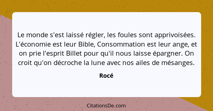 Le monde s'est laissé régler, les foules sont apprivoisées. L'économie est leur Bible, Consommation est leur ange, et on prie l'esprit Billet p... - Rocé