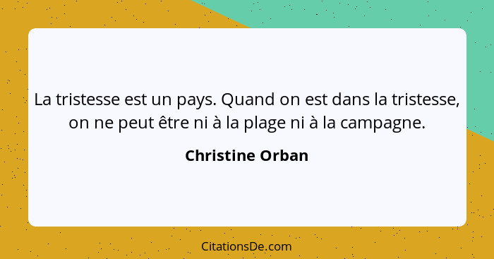 La tristesse est un pays. Quand on est dans la tristesse, on ne peut être ni à la plage ni à la campagne.... - Christine Orban