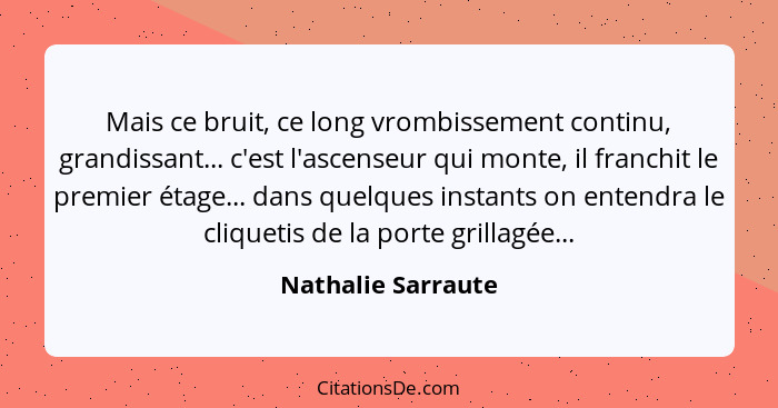 Mais ce bruit, ce long vrombissement continu, grandissant... c'est l'ascenseur qui monte, il franchit le premier étage... dans que... - Nathalie Sarraute