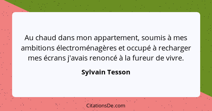 Au chaud dans mon appartement, soumis à mes ambitions électroménagères et occupé à recharger mes écrans j'avais renoncé à la fureur d... - Sylvain Tesson