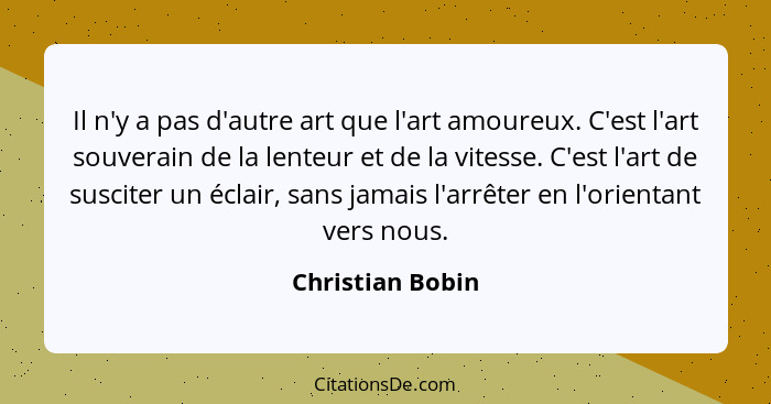 Il n'y a pas d'autre art que l'art amoureux. C'est l'art souverain de la lenteur et de la vitesse. C'est l'art de susciter un éclair... - Christian Bobin