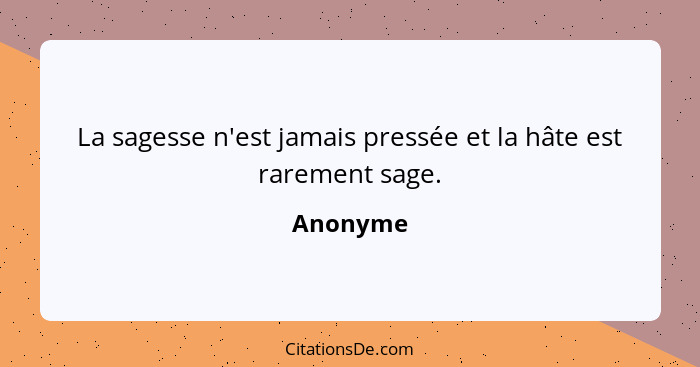 La sagesse n'est jamais pressée et la hâte est rarement sage.... - Anonyme