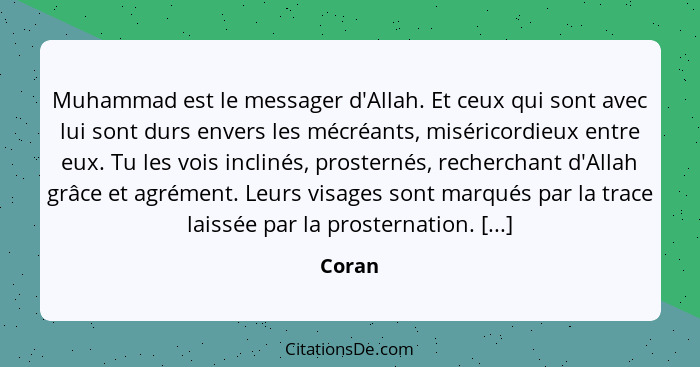 Muhammad est le messager d'Allah. Et ceux qui sont avec lui sont durs envers les mécréants, miséricordieux entre eux. Tu les vois inclinés, pr... - Coran