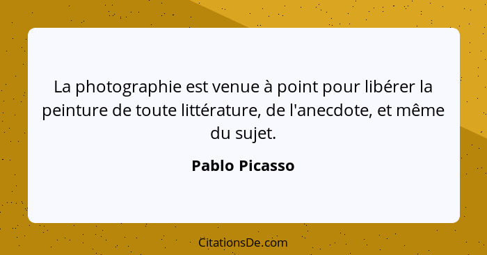 La photographie est venue à point pour libérer la peinture de toute littérature, de l'anecdote, et même du sujet.... - Pablo Picasso