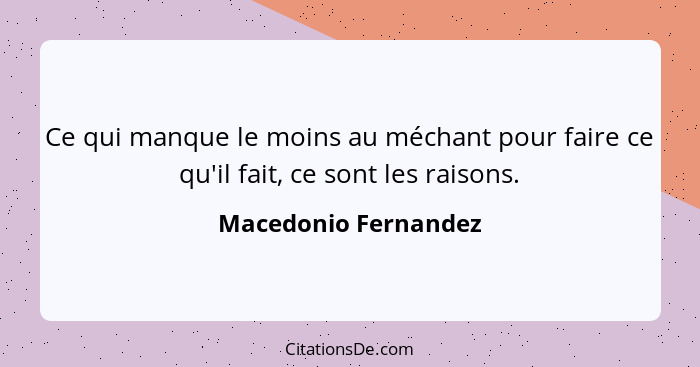 Ce qui manque le moins au méchant pour faire ce qu'il fait, ce sont les raisons.... - Macedonio Fernandez