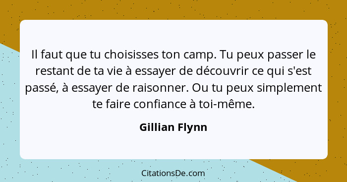 Il faut que tu choisisses ton camp. Tu peux passer le restant de ta vie à essayer de découvrir ce qui s'est passé, à essayer de raison... - Gillian Flynn