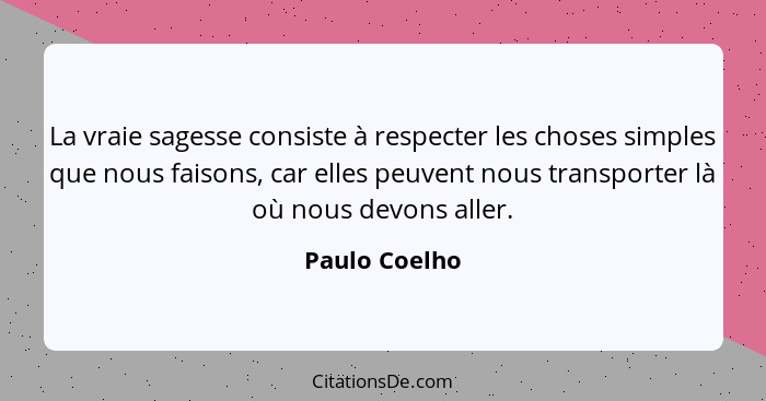 La vraie sagesse consiste à respecter les choses simples que nous faisons, car elles peuvent nous transporter là où nous devons aller.... - Paulo Coelho