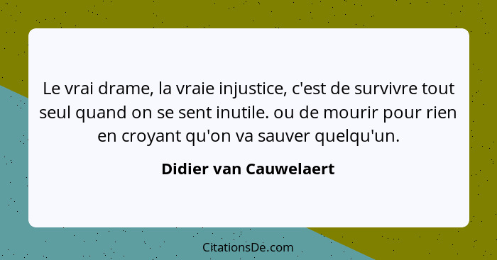 Le vrai drame, la vraie injustice, c'est de survivre tout seul quand on se sent inutile. ou de mourir pour rien en croyant qu'... - Didier van Cauwelaert