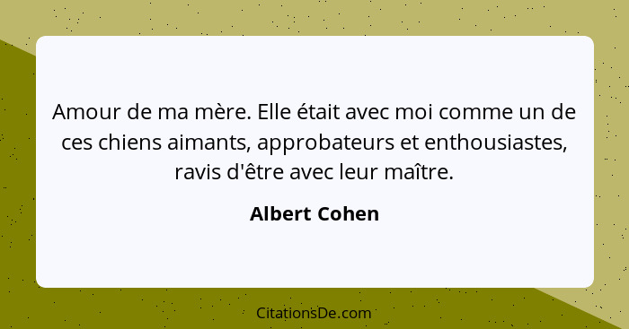 Amour de ma mère. Elle était avec moi comme un de ces chiens aimants, approbateurs et enthousiastes, ravis d'être avec leur maître.... - Albert Cohen