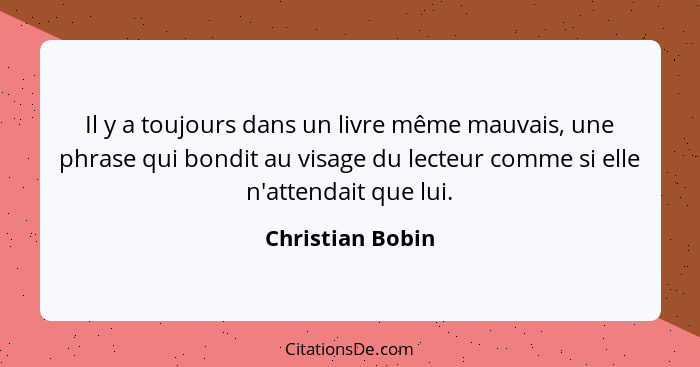 Il y a toujours dans un livre même mauvais, une phrase qui bondit au visage du lecteur comme si elle n'attendait que lui.... - Christian Bobin