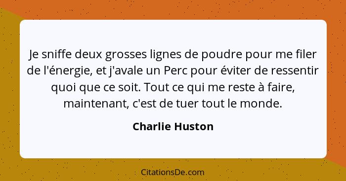 Je sniffe deux grosses lignes de poudre pour me filer de l'énergie, et j'avale un Perc pour éviter de ressentir quoi que ce soit. Tou... - Charlie Huston