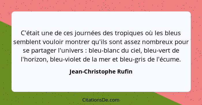 C'était une de ces journées des tropiques où les bleus semblent vouloir montrer qu'ils sont assez nombreux pour se partager l'... - Jean-Christophe Rufin