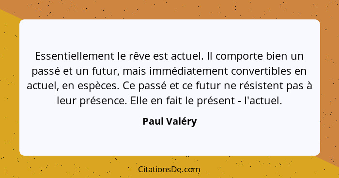 Essentiellement le rêve est actuel. Il comporte bien un passé et un futur, mais immédiatement convertibles en actuel, en espèces. Ce pas... - Paul Valéry