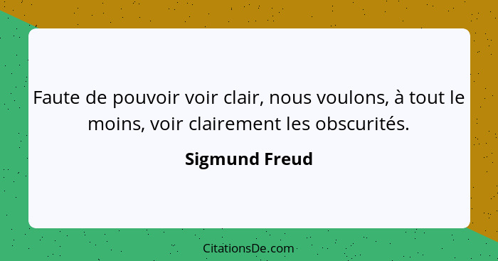 Faute de pouvoir voir clair, nous voulons, à tout le moins, voir clairement les obscurités.... - Sigmund Freud