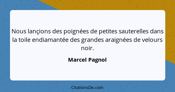 Nous lançions des poignées de petites sauterelles dans la toile endiamantée des grandes araignées de velours noir.... - Marcel Pagnol