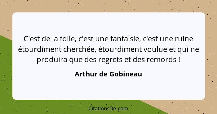 C'est de la folie, c'est une fantaisie, c'est une ruine étourdiment cherchée, étourdiment voulue et qui ne produira que des regre... - Arthur de Gobineau