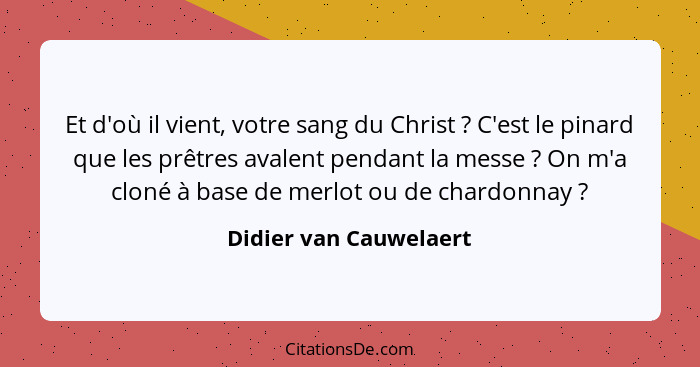 Et d'où il vient, votre sang du Christ ? C'est le pinard que les prêtres avalent pendant la messe ? On m'a cloné à b... - Didier van Cauwelaert