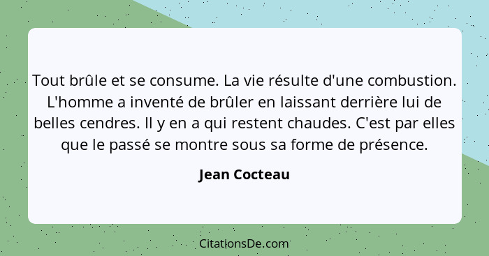 Tout brûle et se consume. La vie résulte d'une combustion. L'homme a inventé de brûler en laissant derrière lui de belles cendres. Il y... - Jean Cocteau