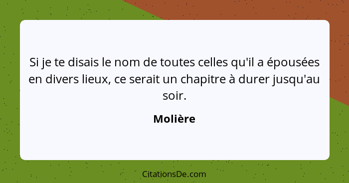 Si je te disais le nom de toutes celles qu'il a épousées en divers lieux, ce serait un chapitre à durer jusqu'au soir.... - Molière