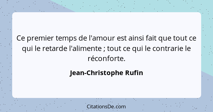 Ce premier temps de l'amour est ainsi fait que tout ce qui le retarde l'alimente ; tout ce qui le contrarie le réconforte... - Jean-Christophe Rufin