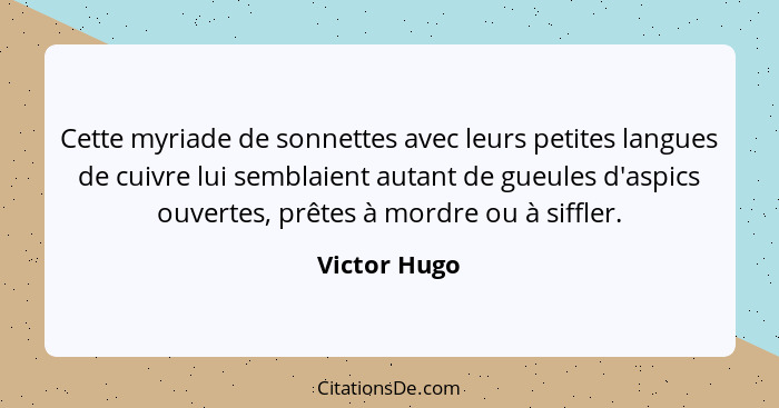 Cette myriade de sonnettes avec leurs petites langues de cuivre lui semblaient autant de gueules d'aspics ouvertes, prêtes à mordre ou à... - Victor Hugo