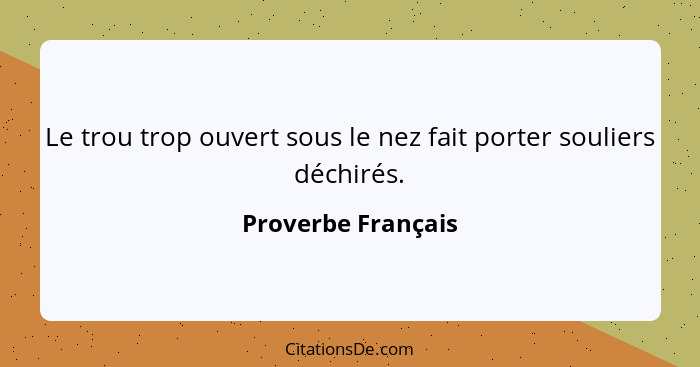 Le trou trop ouvert sous le nez fait porter souliers déchirés.... - Proverbe Français