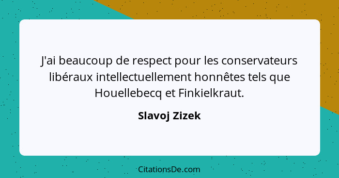 J'ai beaucoup de respect pour les conservateurs libéraux intellectuellement honnêtes tels que Houellebecq et Finkielkraut.... - Slavoj Zizek