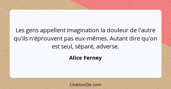 Les gens appellent imagination la douleur de l'autre qu'ils n'éprouvent pas eux-mêmes. Autant dire qu'on est seul, séparé, adverse.... - Alice Ferney