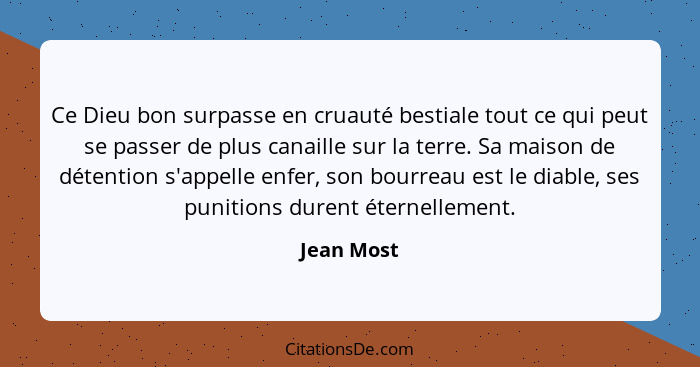 Ce Dieu bon surpasse en cruauté bestiale tout ce qui peut se passer de plus canaille sur la terre. Sa maison de détention s'appelle enfer,... - Jean Most