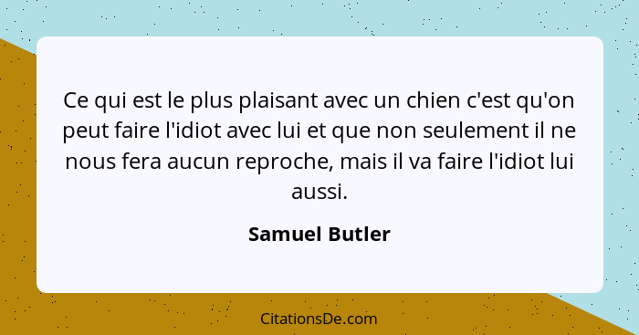 Ce qui est le plus plaisant avec un chien c'est qu'on peut faire l'idiot avec lui et que non seulement il ne nous fera aucun reproche,... - Samuel Butler