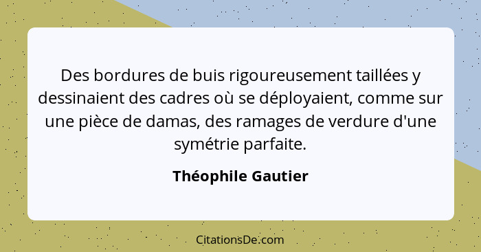 Des bordures de buis rigoureusement taillées y dessinaient des cadres où se déployaient, comme sur une pièce de damas, des ramages... - Théophile Gautier