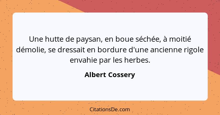 Une hutte de paysan, en boue séchée, à moitié démolie, se dressait en bordure d'une ancienne rigole envahie par les herbes.... - Albert Cossery