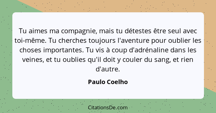 Tu aimes ma compagnie, mais tu détestes être seul avec toi-même. Tu cherches toujours l'aventure pour oublier les choses importantes. T... - Paulo Coelho