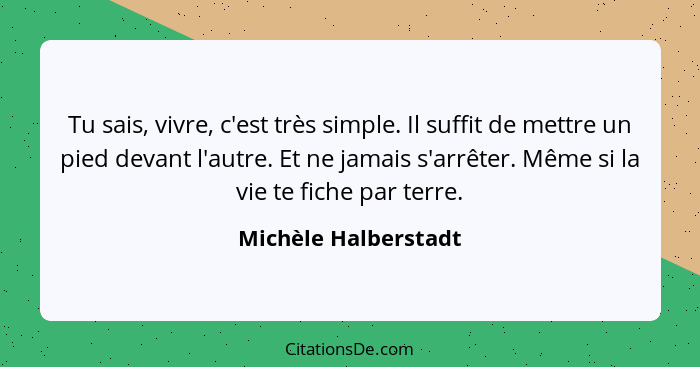 Tu sais, vivre, c'est très simple. Il suffit de mettre un pied devant l'autre. Et ne jamais s'arrêter. Même si la vie te fiche p... - Michèle Halberstadt