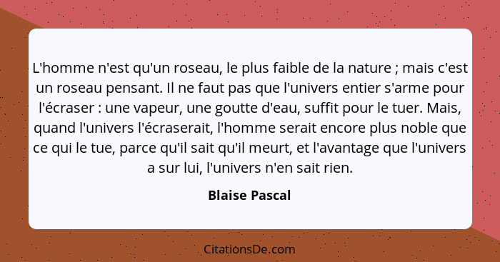 L'homme n'est qu'un roseau, le plus faible de la nature ; mais c'est un roseau pensant. Il ne faut pas que l'univers entier s'arm... - Blaise Pascal