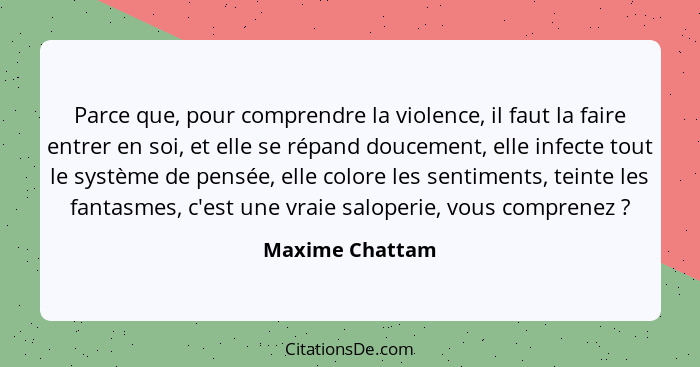 Parce que, pour comprendre la violence, il faut la faire entrer en soi, et elle se répand doucement, elle infecte tout le système de... - Maxime Chattam